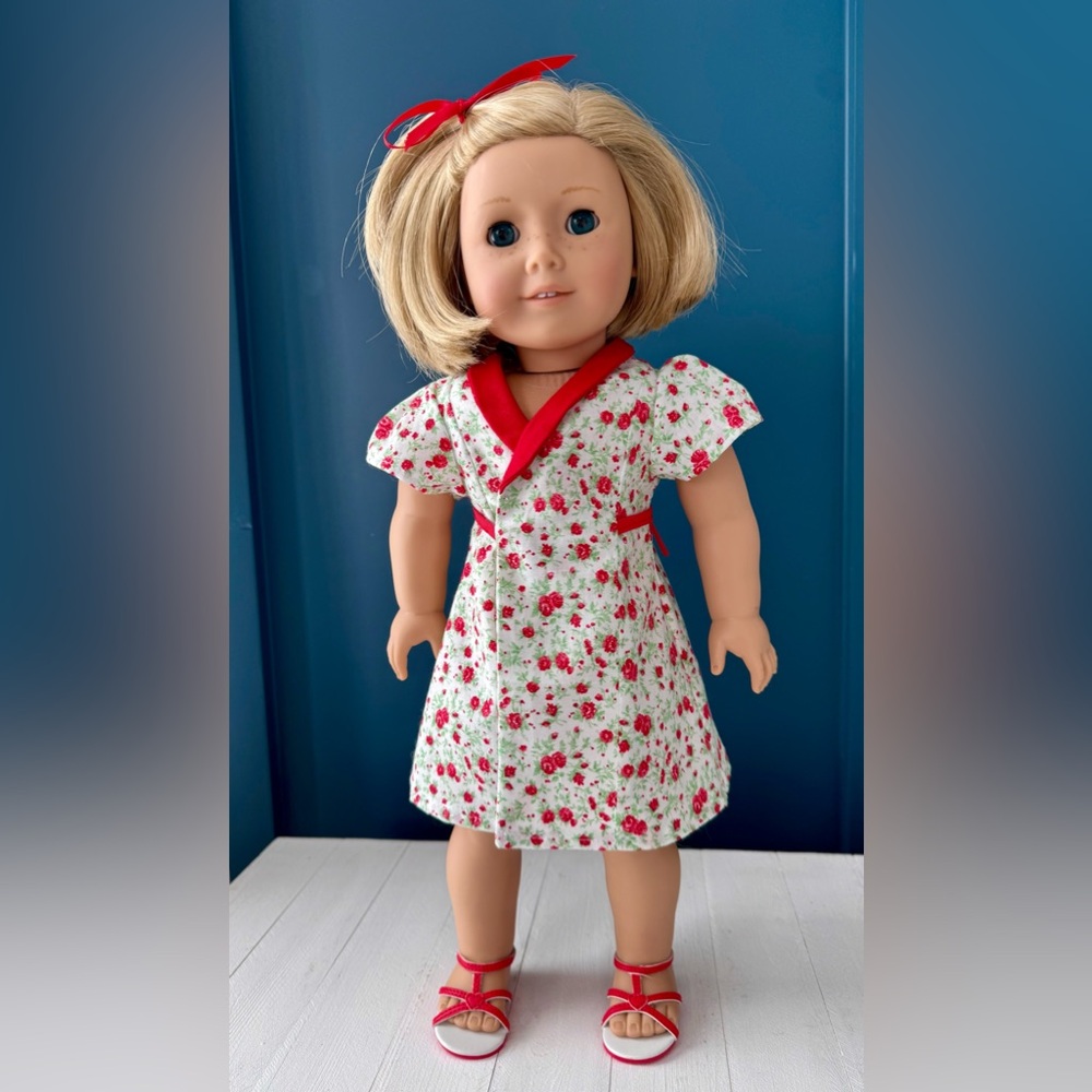 American Girl Doll Kit for with Red and White Floral Hooverette Dress